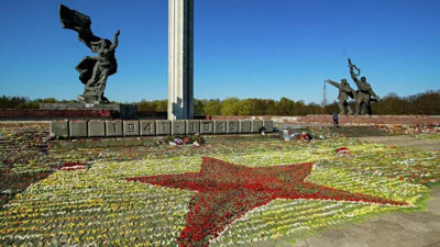 В Риге волонтёры выложили звезду из цветов у памятника Освободителям города