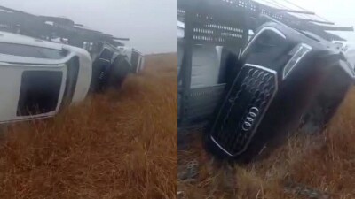 Пьяный водитель автовоза уронил шесть машин на трассе