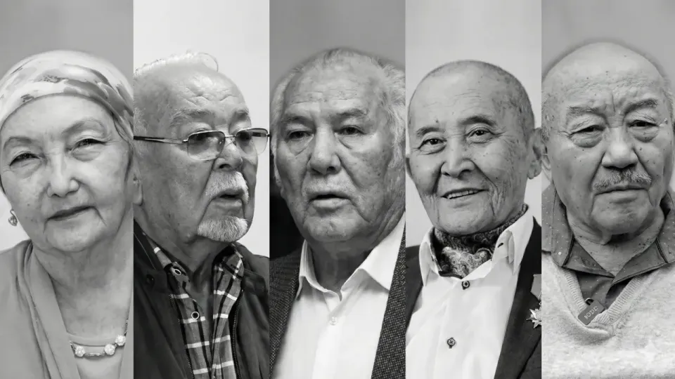Коллажда Күләш Ахметова, Асанәлі Әшімов, Дулат Исабеков, Әкім Тарази, Мұхтар Мағауин бейнеленген