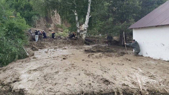 Грязевой поток после дождей повредил дорогу близ села Саты в Алматинской области