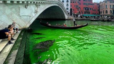 Вода в главном канале Венеции окрасилась в зелёный цвет