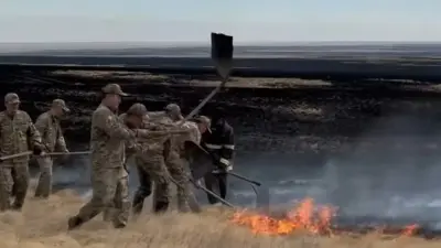 Сухая трава загорелась между сёлами в Костанайской области, тушить пожар мешает сильный ветер