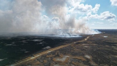 Третьи сутки тушат камыш на побережье Каспия. От пожара пострадали дворы села Курсай