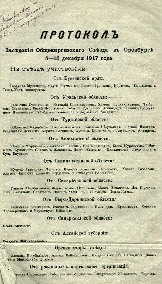 Протокол заседания Общекиргиского сьезда в 1917 году