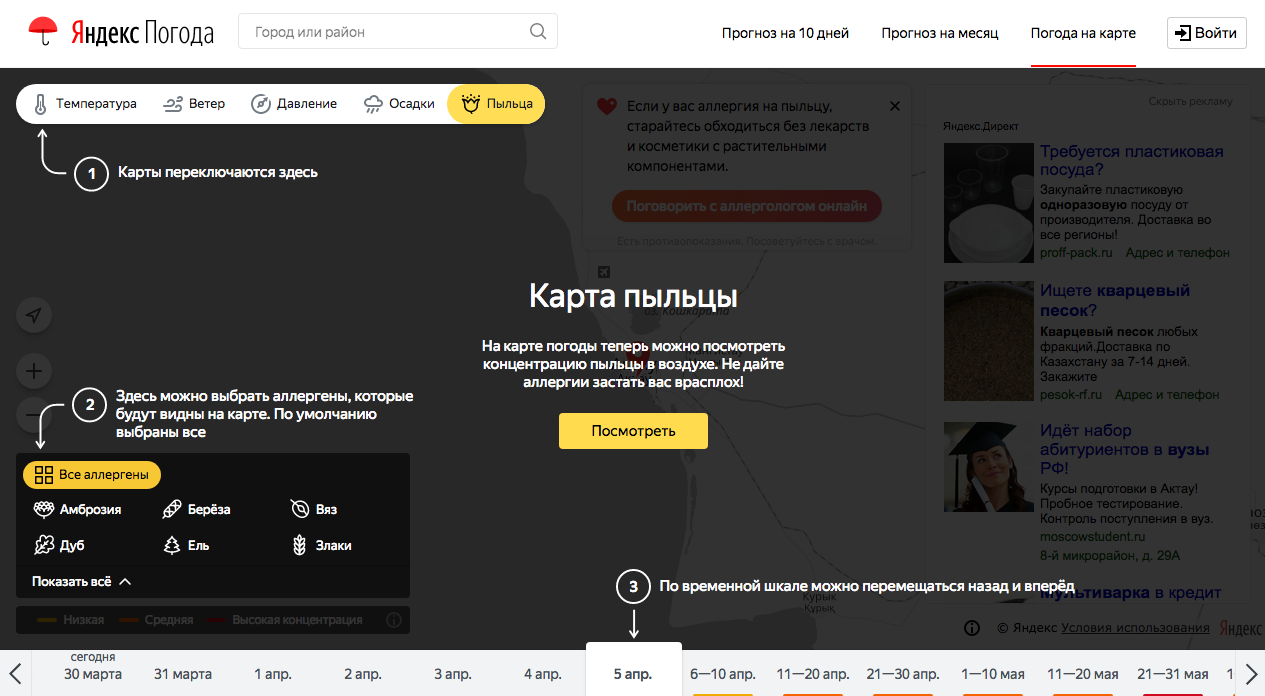 Разработчики Яндекс создали карту, которая может быть полезная для казахстанцев, страдающие аллергией на растения 