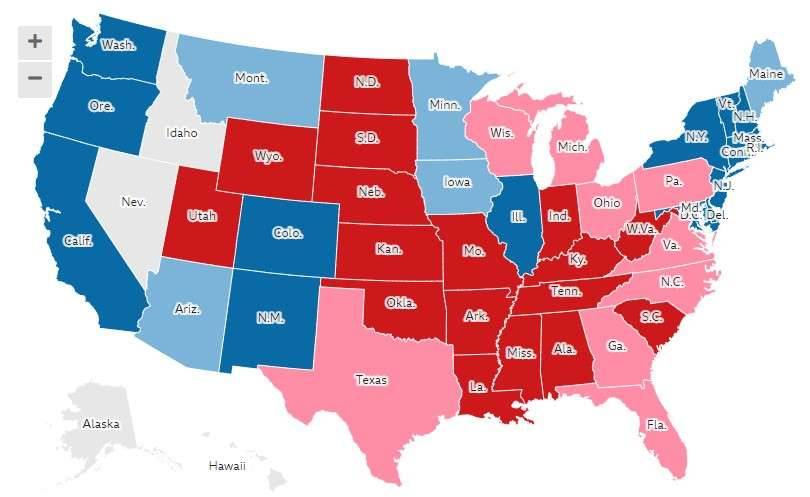 Карта BBC: красным отмечены штаты, где выигрывает Трамп, синим - Байден