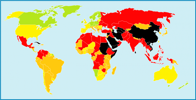Индекс свободы прессы, наложенный на карту миру (по версии организации "Репортёры без границ")
