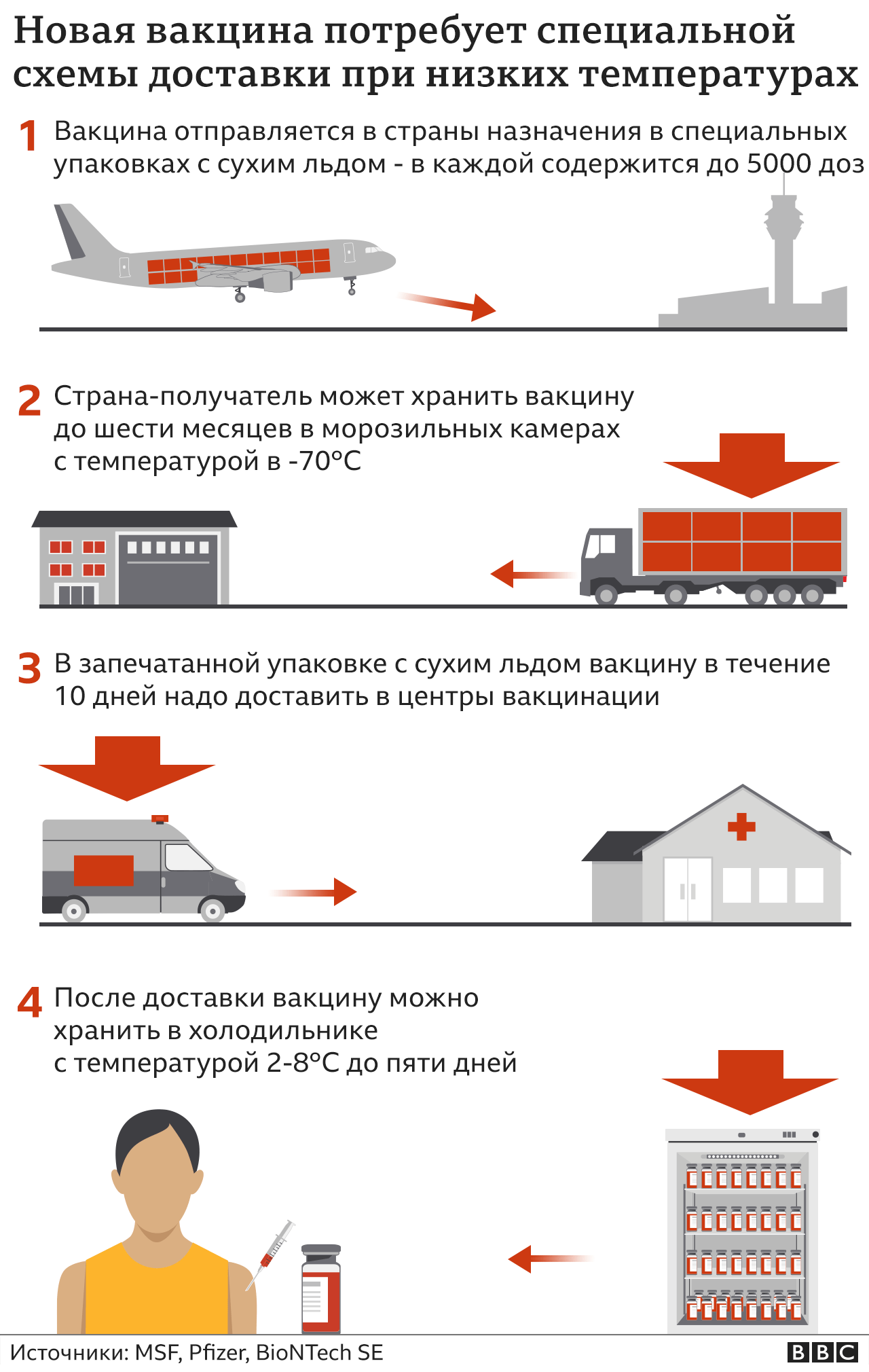 График, показывающий, как транспортировать вакцину Pfizer при очень низких температурах