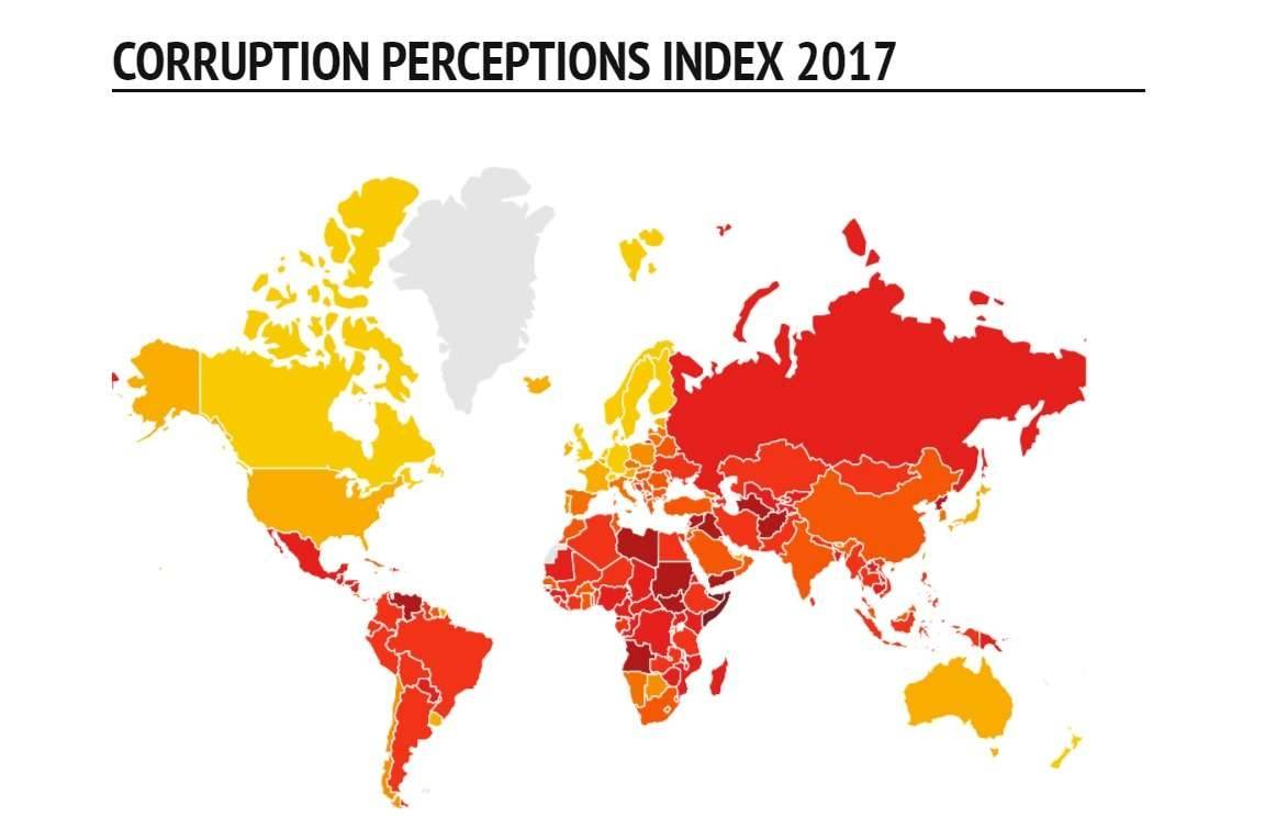 Красным цветом обозначены страны, где уровень коррупции очень высок, жёлтым - низкий