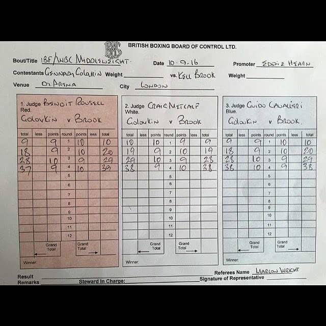 Судейские карточки боя Головкин-Брук