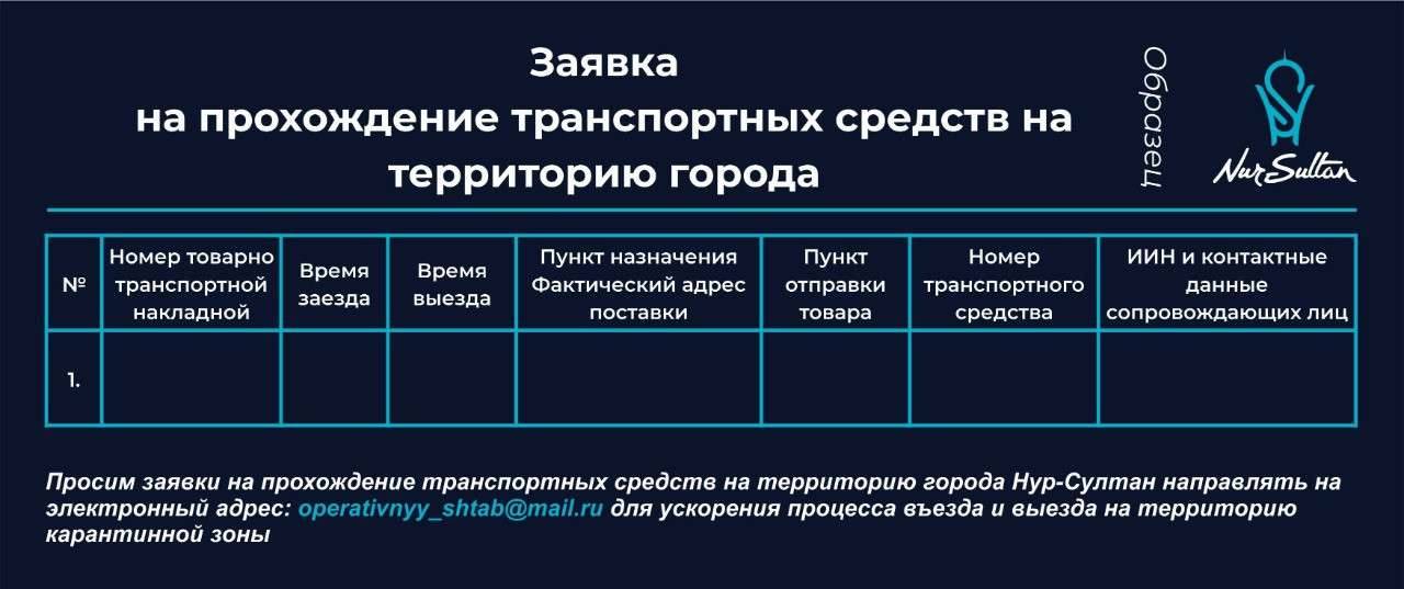 Образец заявки на прохождение транспортного средства в Нур-Султан