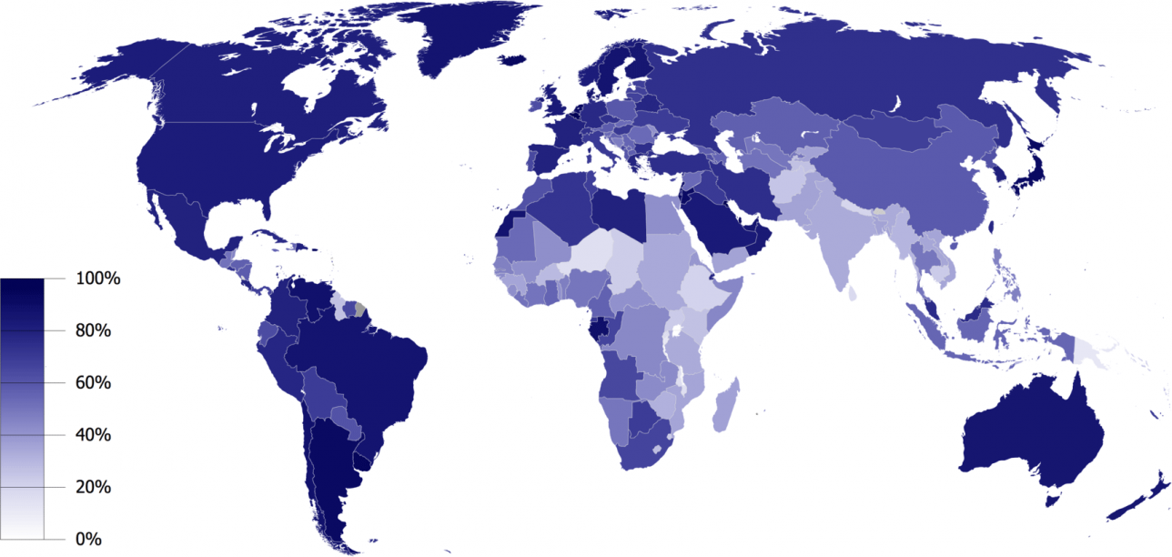 Әлемнің урбанизация картасы, %. 2018 жылы 