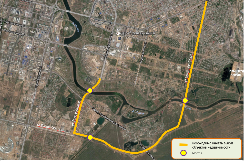 Схема строительства трёх новых мостов в Астане