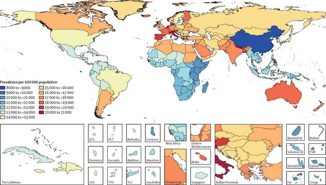 Стандартизованная по возрасту распространенность мигрени на 100 000 населения в для обоих полов, 2016 г.