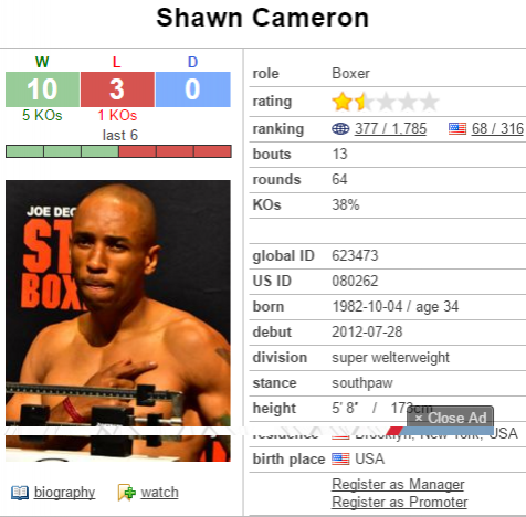 Шон Кэмерон занимает в рейтинге Вoxrec 377 место