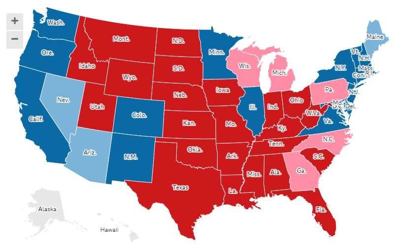 Карта BBC: красным отмечены штаты, где выиграл Трамп, синим - Байден