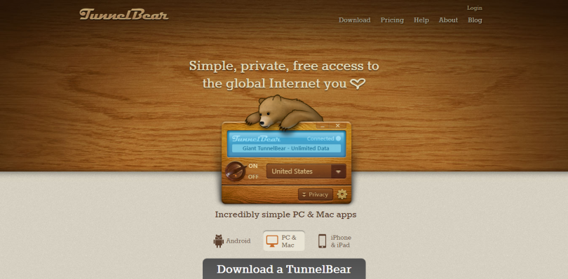 Скриншот главной страницы tunnelbear.com