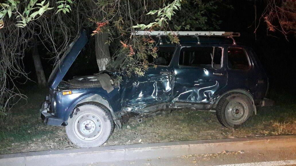 От сильного удара "Нива" влетела в бордюр и в дерево