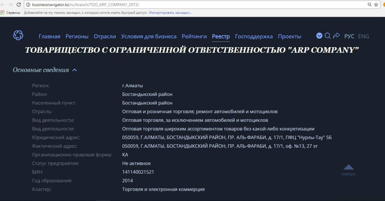 Справочная информация о ТОО "ARP Company" 