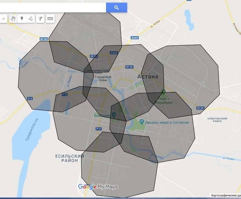 Карта установленных антенн и зона их покрытия